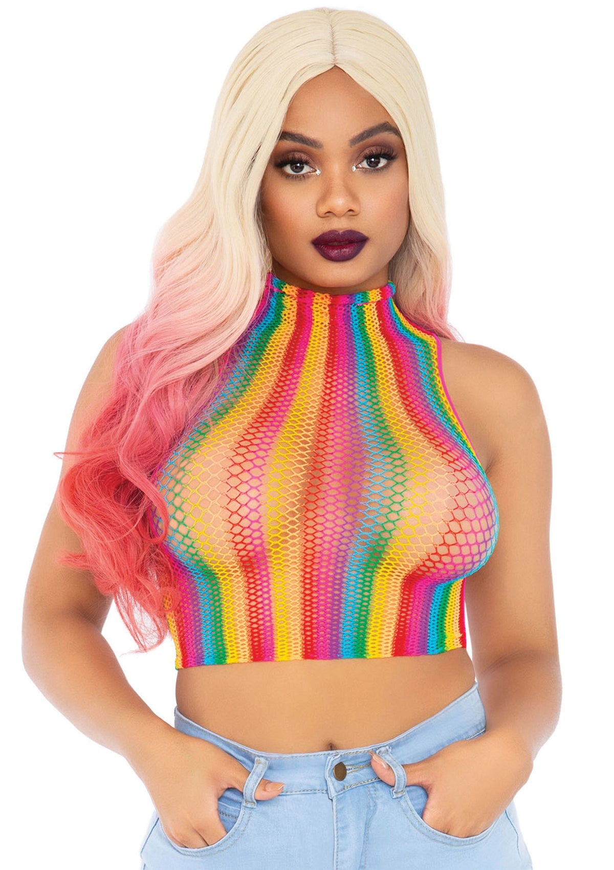 Leg Avenue Rainbow net high neck crop top