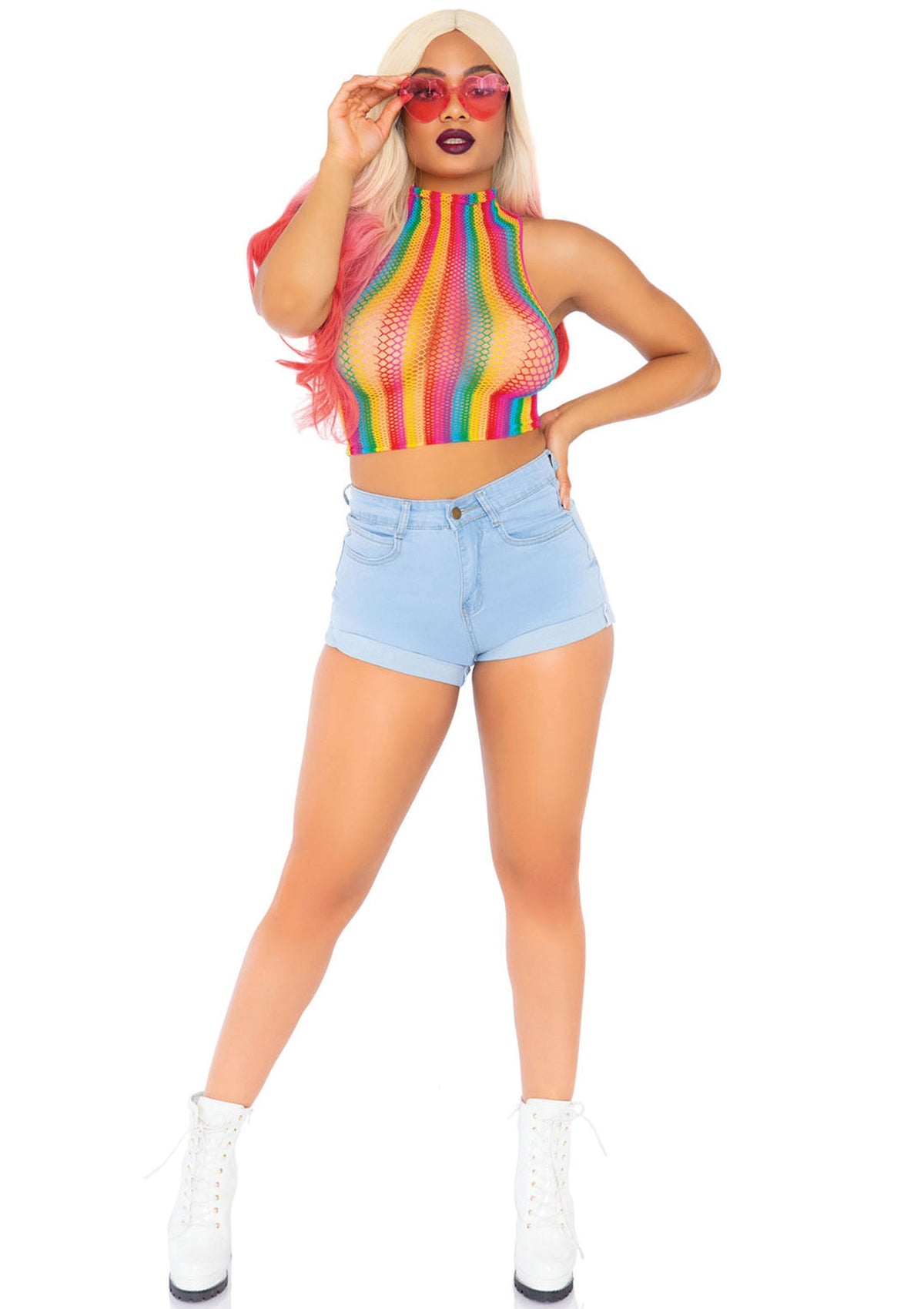 Leg Avenue Rainbow net high neck crop top